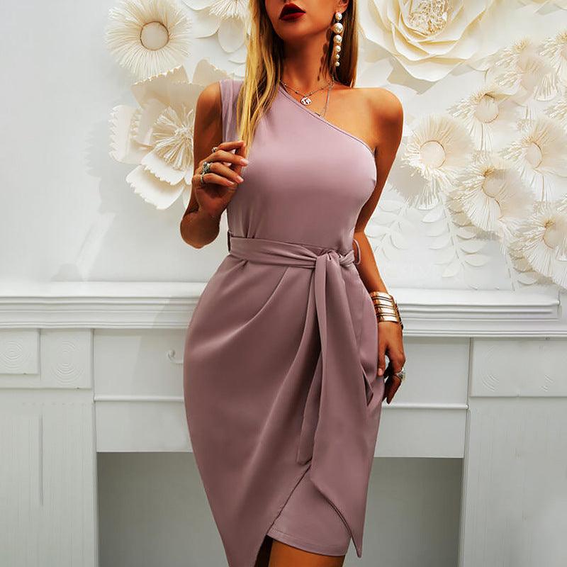 Solid Color Sleeveless Slanted Shoulder Irregular Tie Party Dress | Casual and Stylish Milk Silk Fabric - Trendha