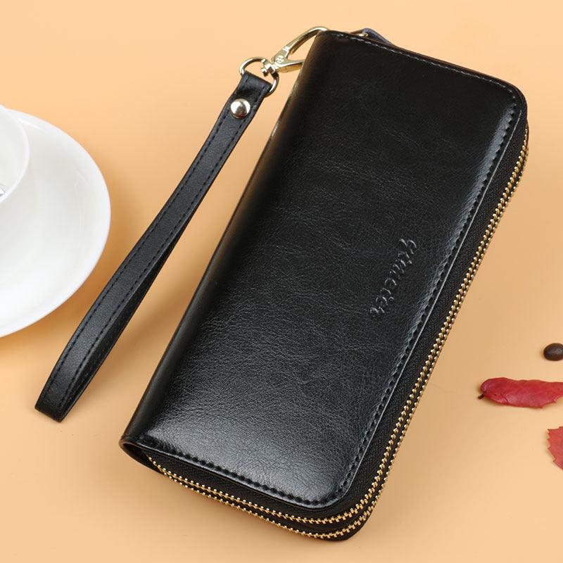 Oil Wax Leather Wallet Women Long Double-layer Zipper Large-capacity Hand Wallet Coin Purse - Trendha