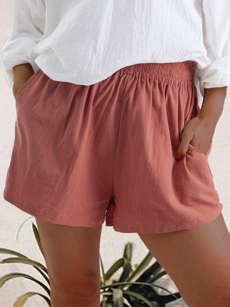 Women Casual Solid Color Elastic Waist Pocket Shorts - Trendha