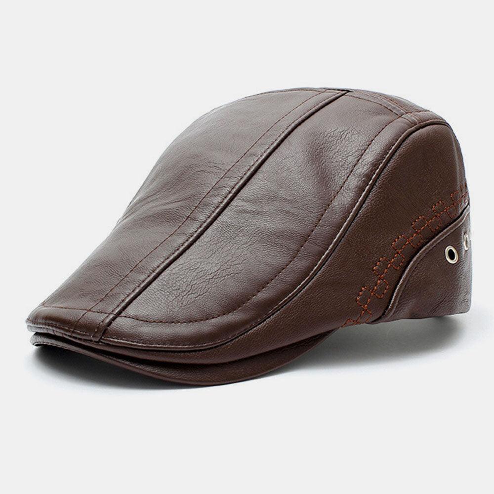 Men Faux Leather Solid Color Sunscreen Keep Warm Casual Forward Hat Beret Hat - Trendha