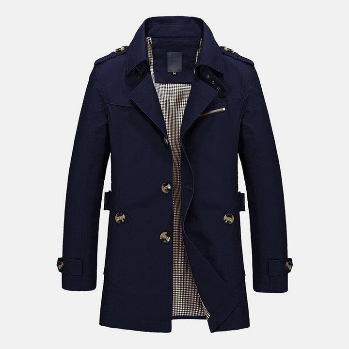 Cotton Mens Solid Color Mid-Length Sashes Single Breasted Lapel Long Sleeve Trench Coats - Trendha