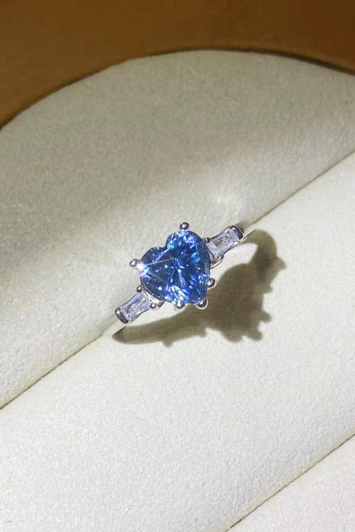 1 Carat Moissanite Heart-Shaped Platinum-Plated Ring in Blue - Trendha