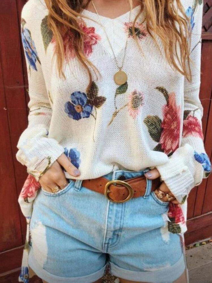 Women Floral Print V-Neck Knitted Casual Long Sleeve Sweaters - Trendha