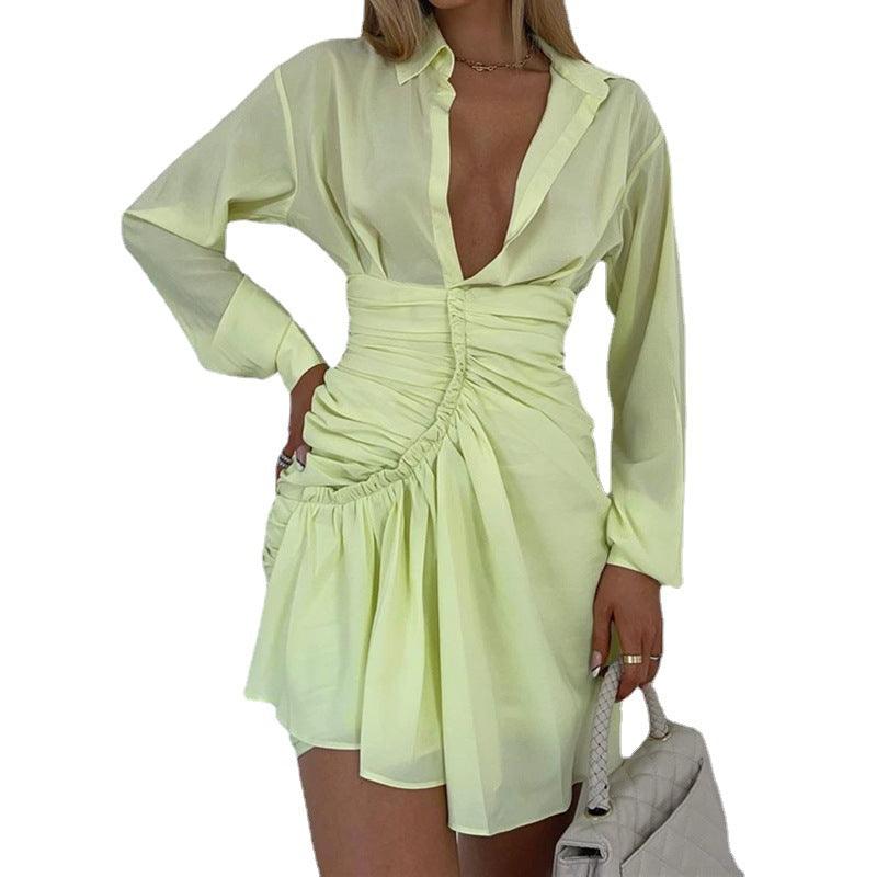 Solid Color Sexy Pleated Shirt Dress Women - Trendha