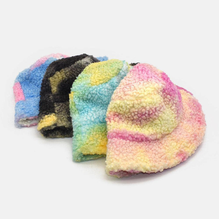 Women Tie-dye Mix Color Lamb Hair Warm Casual Cute Bucket Hat - Trendha