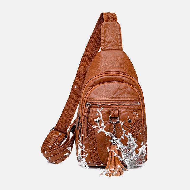 Women PU Leather Tassel Large Capacity Earphone Hole Anti-theft Crossbody Bags Shoulder Bag Chest Bag - Trendha