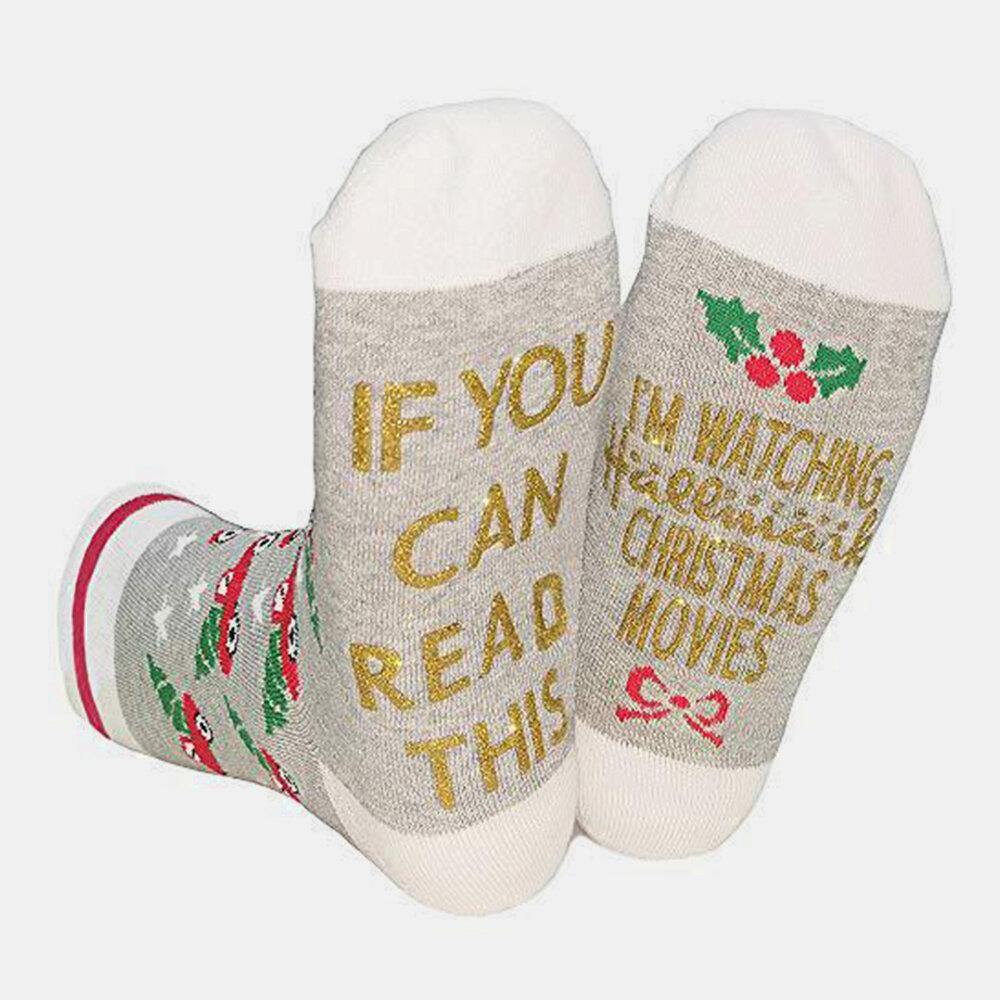 Unisex Cotton Gold Powder Letter Stripe Pattern Casual Festive Christmas Tube Socks - Trendha