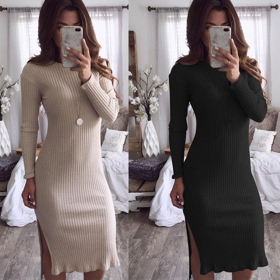Fashion Women's Solid Color Long Sleeve Slim Knit Dress - Trendha