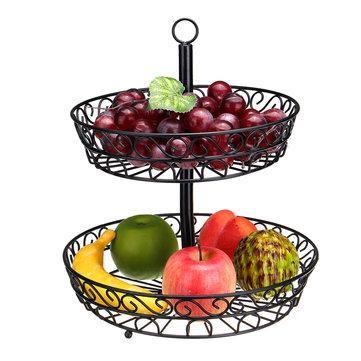 30cm Kitchen Restaurant Fruit Vegetable Basket 2 Tier Iron Rack Storage Organizer Stand Holder - Trendha