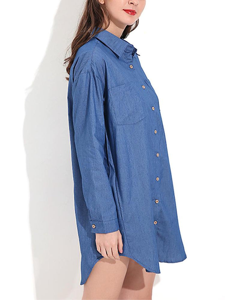 Long Sleeve Turn-down Collar Denim Mini Dress Casual Shirts - Trendha