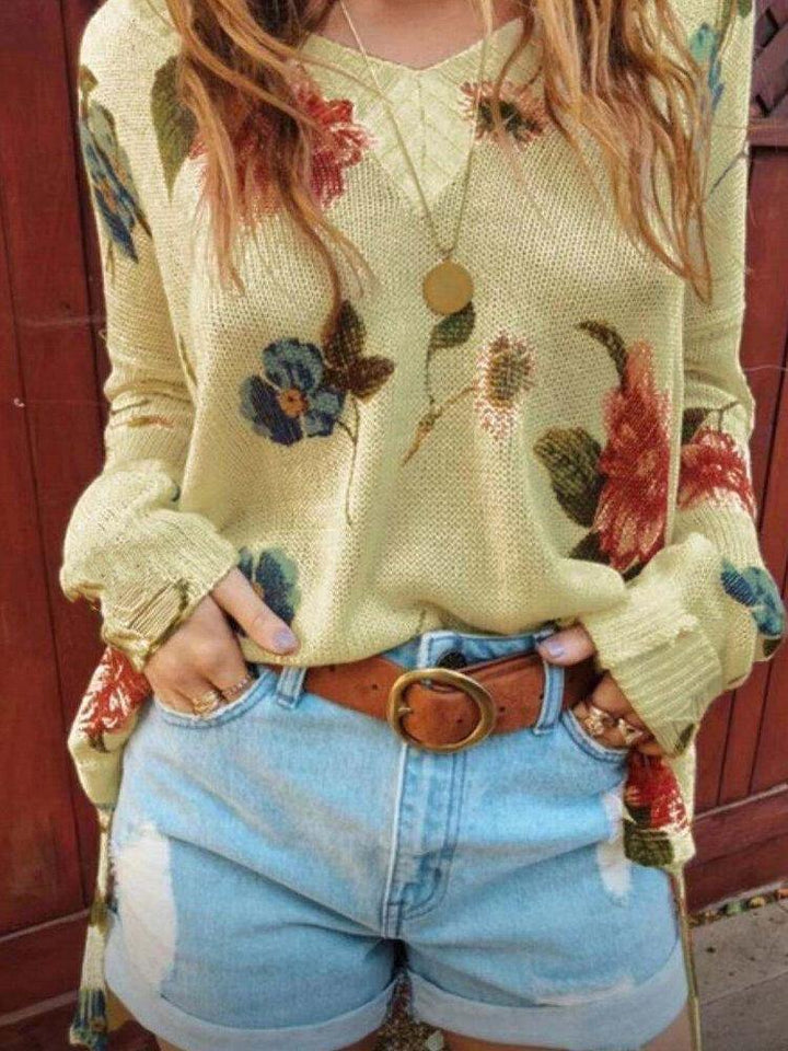 Women Floral Print V-Neck Knitted Casual Long Sleeve Sweaters - Trendha