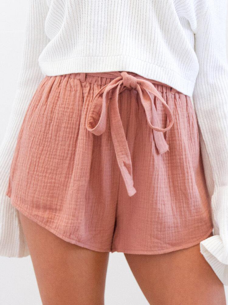 Women Summer Home Ruffle Elastic Waist Wild Casual Shorts with Belt - Trendha