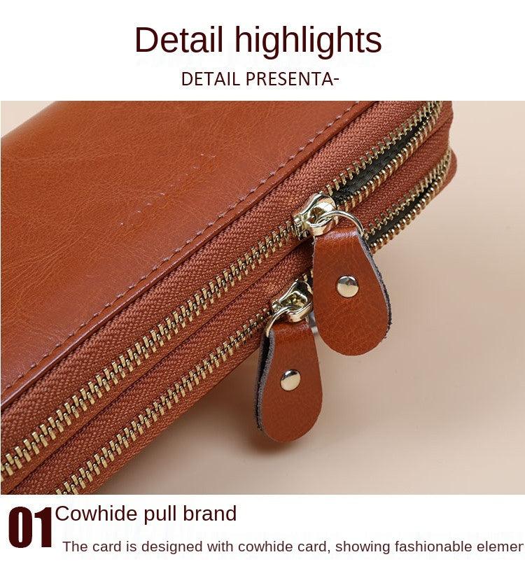 Oil Wax Leather Wallet Women Long Double-layer Zipper Large-capacity Hand Wallet Coin Purse - Trendha