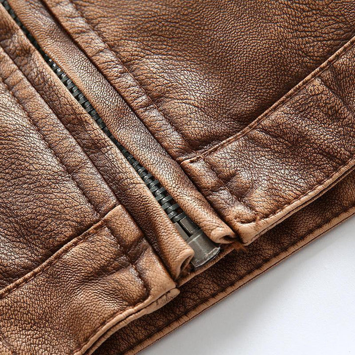 Mens Vintage Stand Collar PU Zippper Practical Pocket Jacket - Trendha