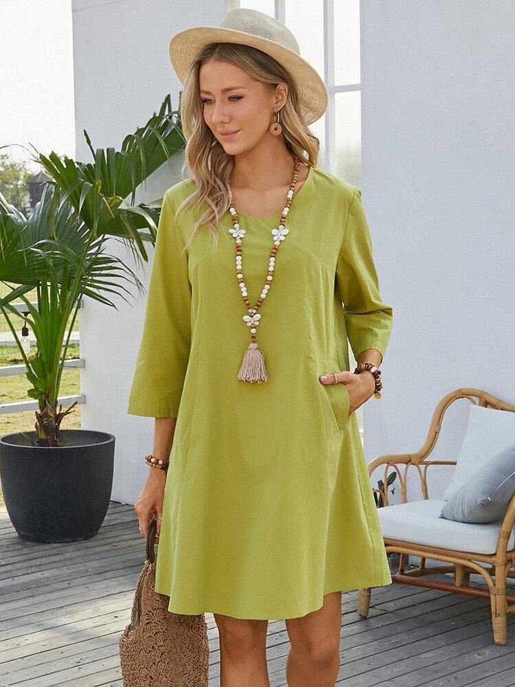 Women Solid Color V-Neck Long Sleeve Plain Casual Dress With Side Pocket - Trendha