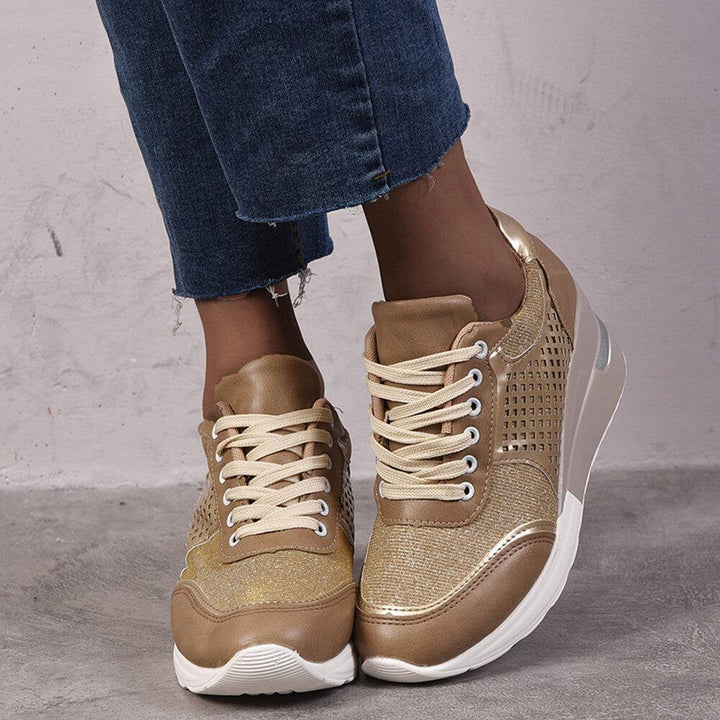 Large Size Women Round Toe Hollow Breathable Lace Up Wedges Sneakers - Trendha
