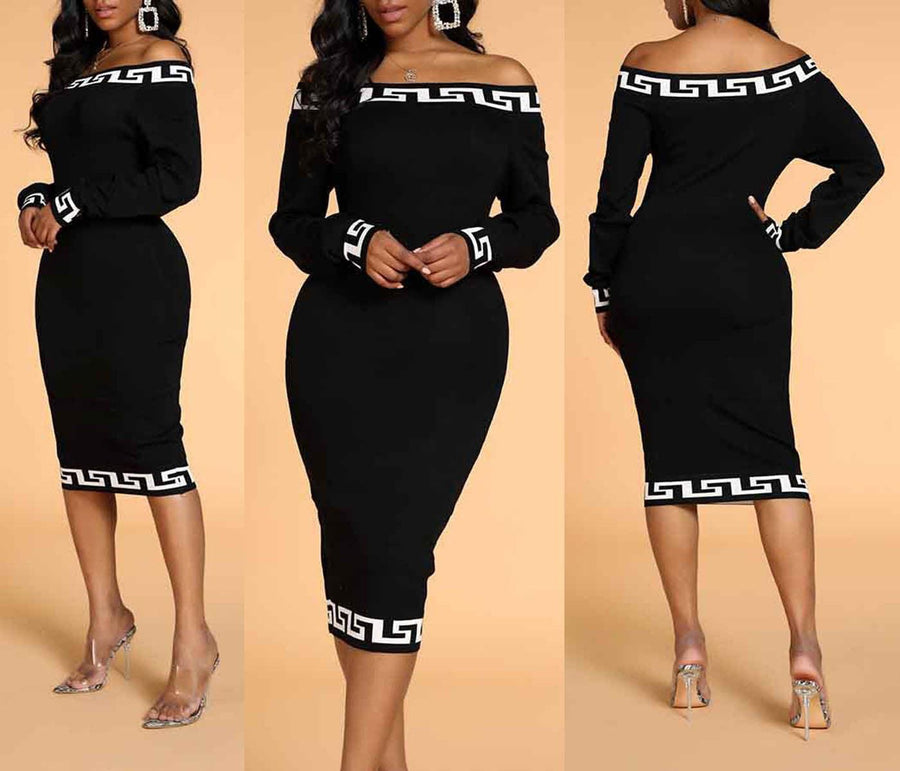 Fashion Casual Plain Stitching Printed One-shoulder Dress - Trendha