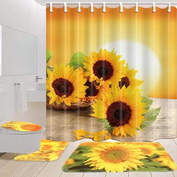 Sunflower Waterproof Polyester Shower Curtain Bathroom Carpet + Pedestal Rug + Toilet Seat Cover - Trendha