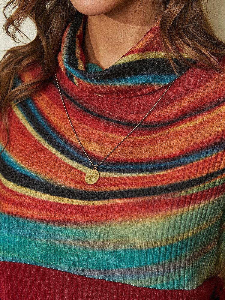 Women Rainbow Striped Print Patchwork Turtleneck Ribbed Sweater - Trendha