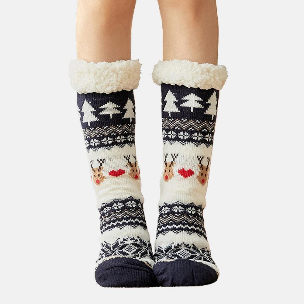 Women Cotton Warm Winter Outdoor Christmas Style Pattern Plus Velvet Thicken Home Sleep Socks Tube Socks - Trendha