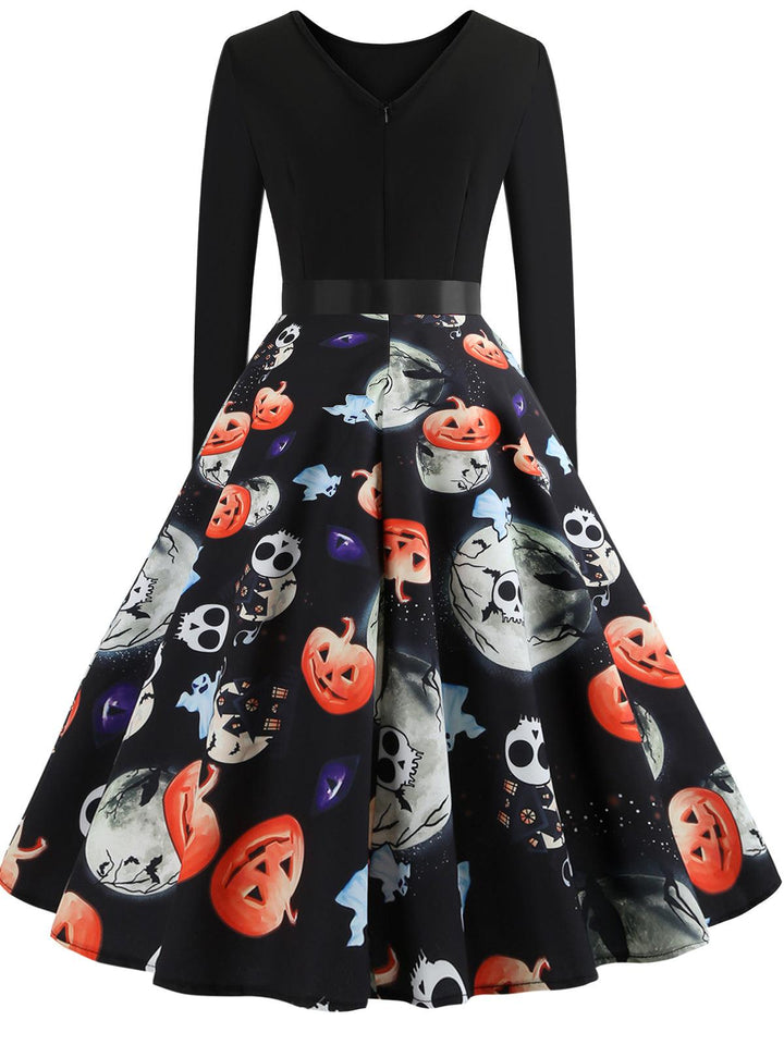 Halloween Round Neck Retro Print Long-Sleeved Big Swing Dress - Trendha