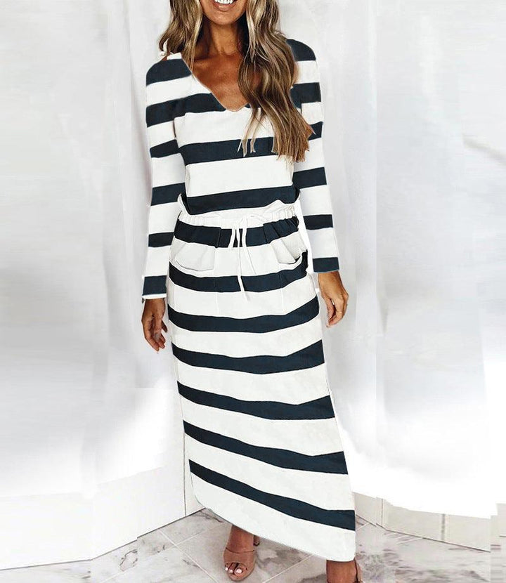V-neck Loose Print Striped Long-sleeved Dress - Trendha