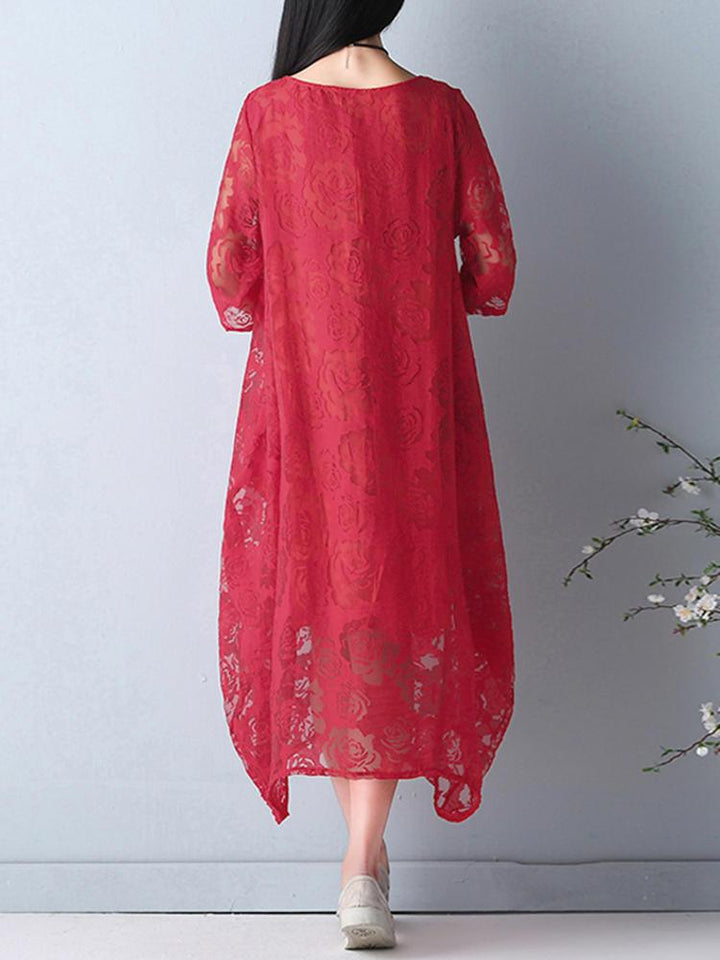 Elegant Women O-Necklace Crochet 3/4 Sleeve Pure Color Midi Dress - Trendha
