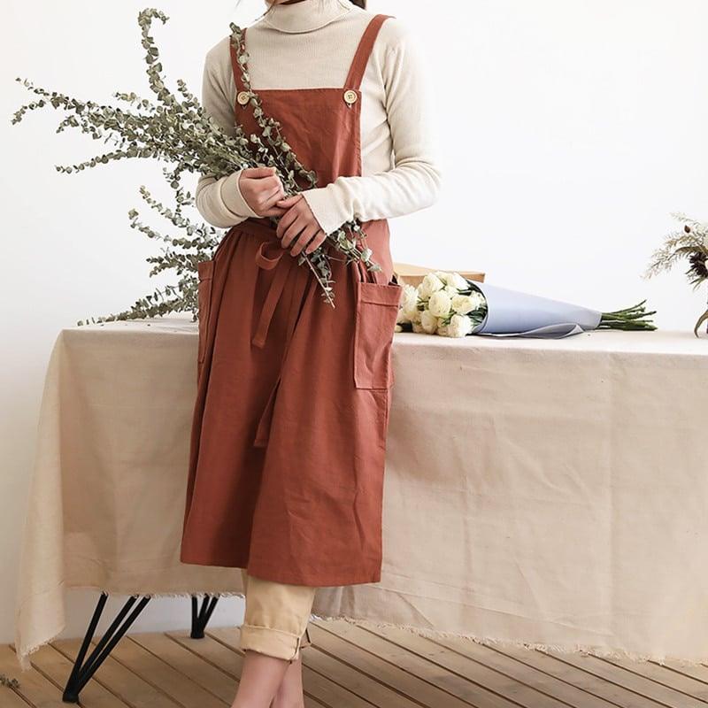 Women's Minimalist Linen Barista Apron with Buttons - Trendha